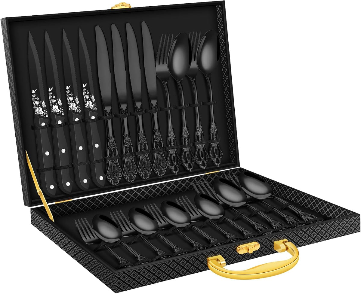 Black Silverware set with Steak Knives, Ollex 24PCS Retro Royal Flatware Set for 4 with Box, Food-Grade Stainless Steel Utensil Sets Includes Spoons Forks and Knives, Mirror Finish Dishwasher Safe