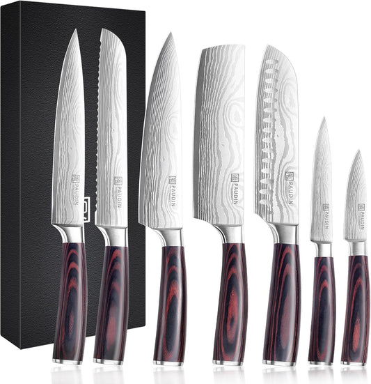 Chef Knife Set, 7 Pieces Kitchen Knife Set, High Carbon Stainless Steel, Ultra Sharp Knife Set, Professional Knives Set for Kitchen with Pakkawood Handle