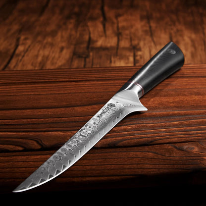 Damascus Boning Knife - 6 inch - 67 Layers 10Cr15CoMoV Alloy Steel - Black G10 Handle, Razor Sharp Kitchen Fillet Knife, Meat Cutting, Trimming, Magnetic Sheath, Gift Box