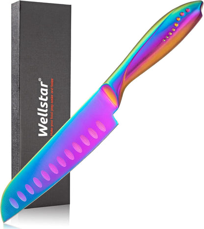 Santoku Knife 5 Inch, Super Sharp German Steel Kitchen Cooking Knife with Comfortable Handle and Rainbow Coating for Slicing Dicing and Mincing of Meat Vegetables and Fruits for Small Hand
