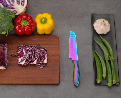 Santoku Knife 5 Inch, Super Sharp German Steel Kitchen Cooking Knife with Comfortable Handle and Rainbow Coating for Slicing Dicing and Mincing of Meat Vegetables and Fruits for Small Hand