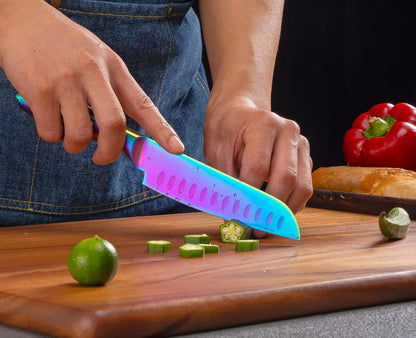 Santoku Knife 5 Inch, Super Sharp German Steel Kitchen Cooking Knife with Comfortable Handle and Rainbow Coating for Slicing Dicing and Mincing of Meat Vegetables and Fruits for Small Hand