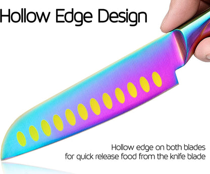 Santoku Knife 5 Inch, Super Sharp German Steel Kitchen Cooking Knife with Comfortable Handle and Rainbow Coating for Slicing Dicing and Mincing of Meat Vegetables and Fruits for Small Hand