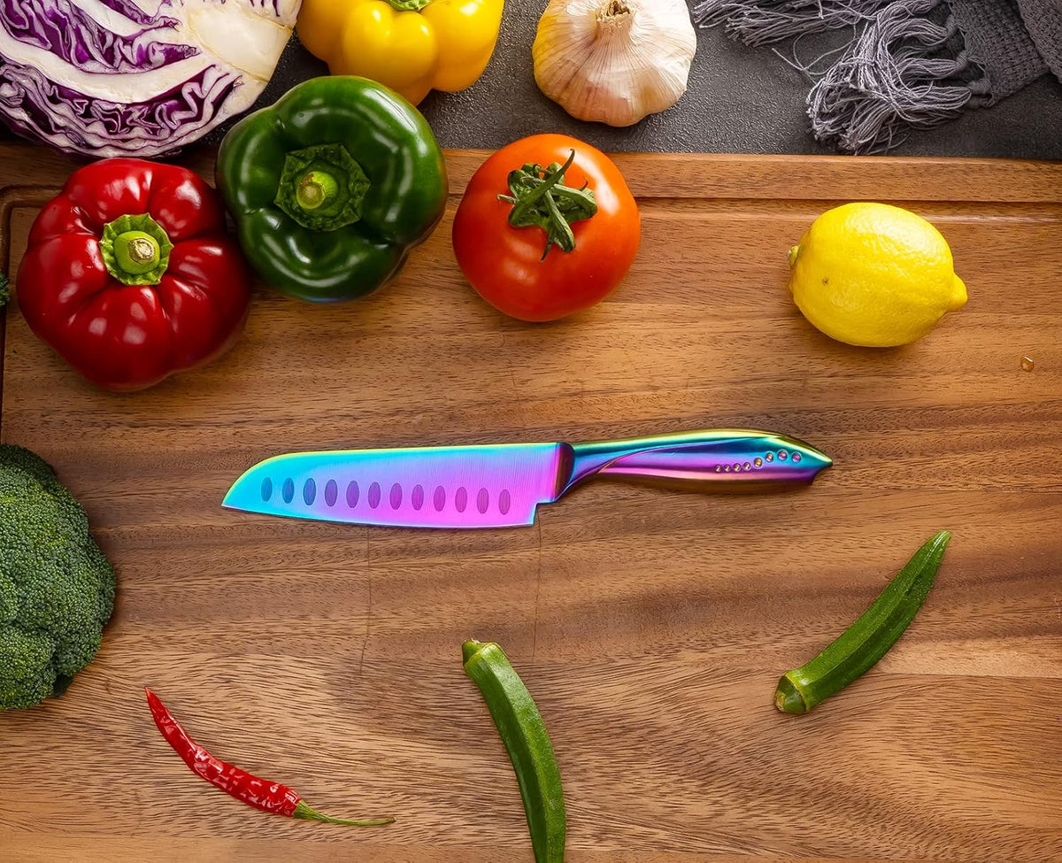 Santoku Knife 5 Inch, Super Sharp German Steel Kitchen Cooking Knife with Comfortable Handle and Rainbow Coating for Slicing Dicing and Mincing of Meat Vegetables and Fruits for Small Hand