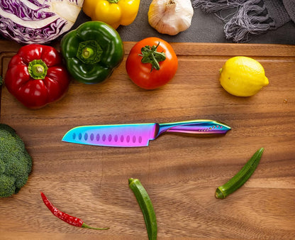Santoku Knife 5 Inch, Super Sharp German Steel Kitchen Cooking Knife with Comfortable Handle and Rainbow Coating for Slicing Dicing and Mincing of Meat Vegetables and Fruits for Small Hand