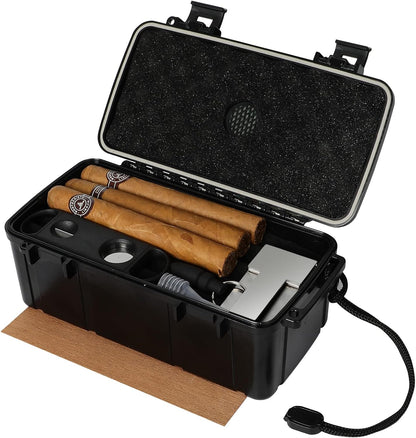 Travel Humidor Box With Cigar Accessories - Spanish Cedar, Humidifier, Cutter, Stand, Punch - Holds 4-5 Cigars - Waterproof, Crushproof, Airtight Seal