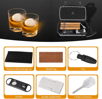 Travel Humidor Box With Cigar Accessories - Spanish Cedar, Humidifier, Cutter, Stand, Punch - Holds 4-5 Cigars - Waterproof, Crushproof, Airtight Seal