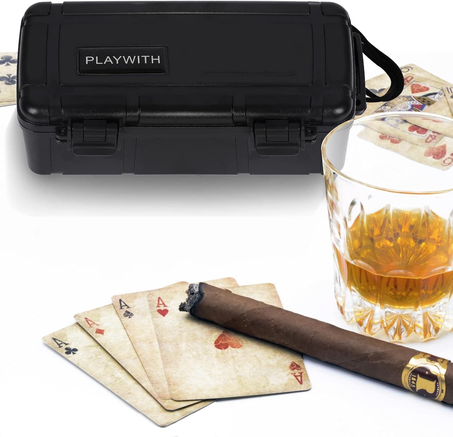 Travel Humidor Box With Cigar Accessories - Spanish Cedar, Humidifier, Cutter, Stand, Punch - Holds 4-5 Cigars - Waterproof, Crushproof, Airtight Seal