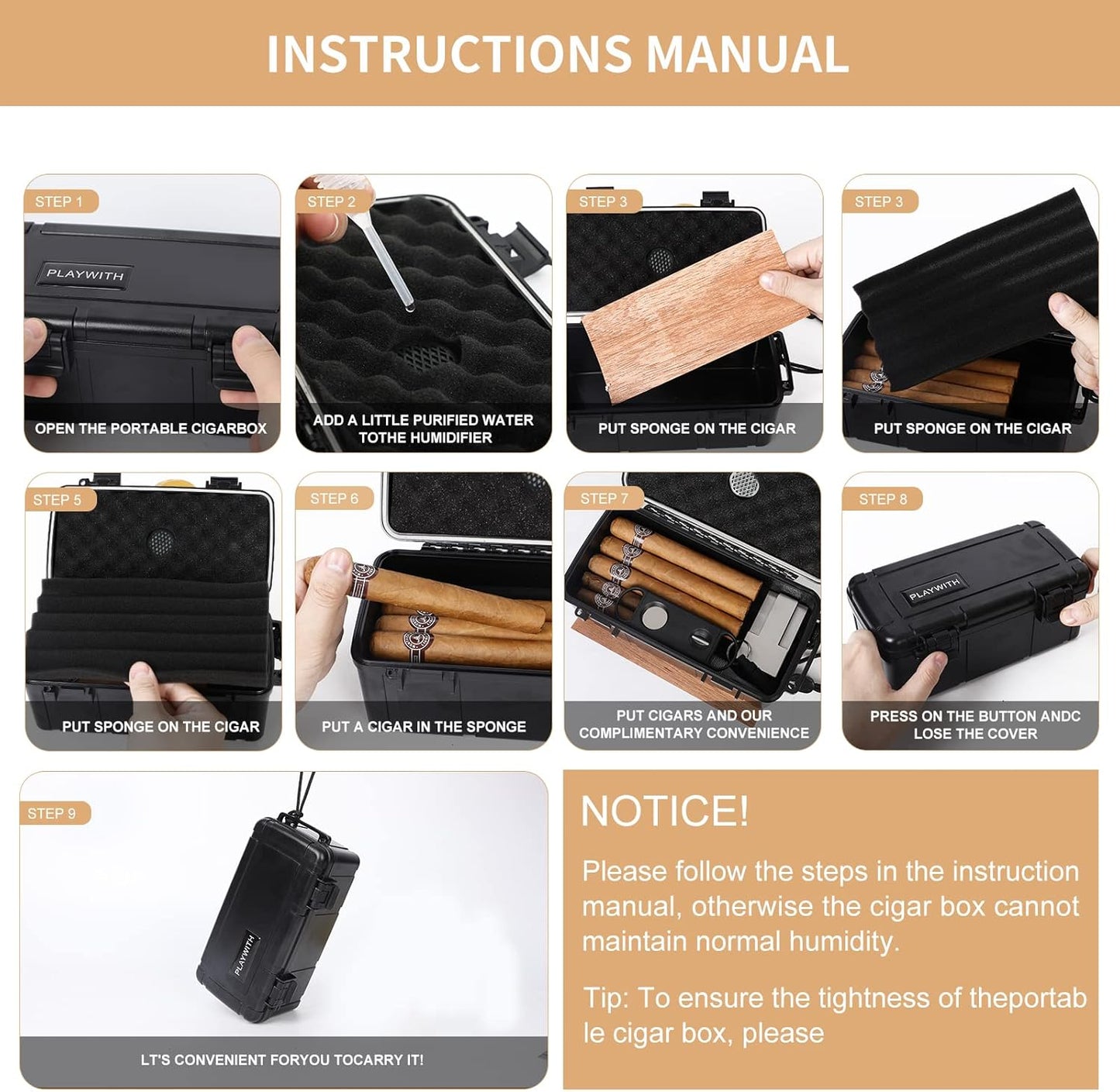 Travel Humidor Box With Cigar Accessories - Spanish Cedar, Humidifier, Cutter, Stand, Punch - Holds 4-5 Cigars - Waterproof, Crushproof, Airtight Seal