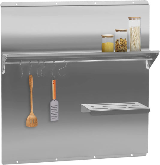 Range Backsplash 30"X30.7" Stainless Steel Backsplash Range Hood Wall Shield with Storage Shelf & Knife Rack Wall-Mounted Range Backsplash for Range Hood, Stove (30 x 30.7Inch)