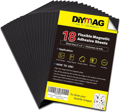 Adhesive Magnetic Sheets, |4" x 6"| 18 Packs, Flexible Magnet Sheets with Adhesive for Crafts, Photos and Die Storage, Easy Peel and Stick, Easy to Cut into Any Shape/Size (4" x 6"-18P)