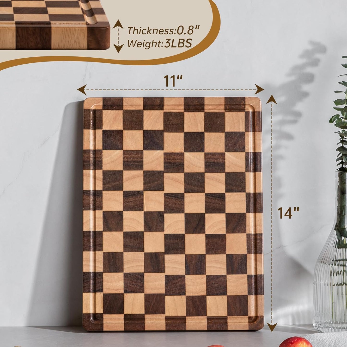 Walnut Wood Cutting Board, End Grain Wooden Cutting Boards for Kitchen, Chopping Block with Deep Juice Groove & Handles, Gift Box, 16.5"x11.6"x0.8"