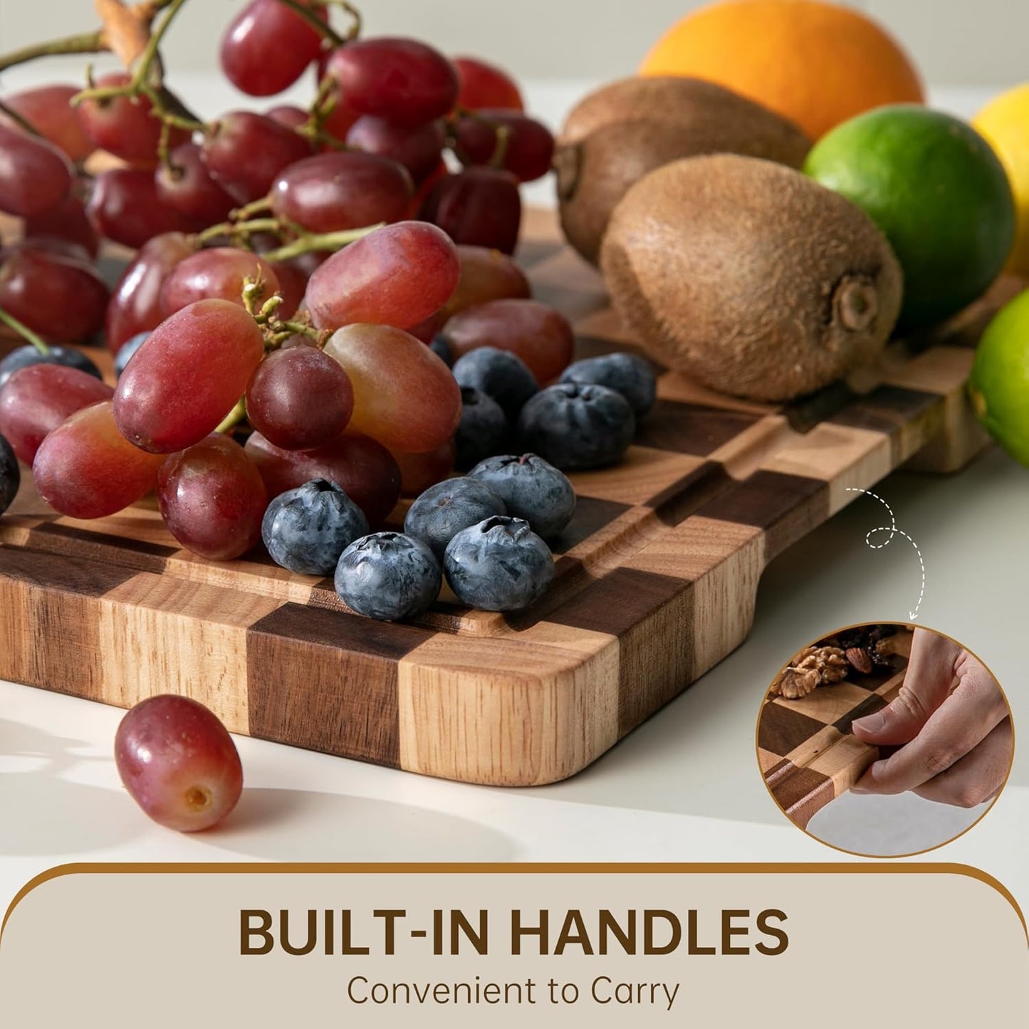 Walnut Wood Cutting Board, End Grain Wooden Cutting Boards for Kitchen, Chopping Block with Deep Juice Groove & Handles, Gift Box, 16.5"x11.6"x0.8"
