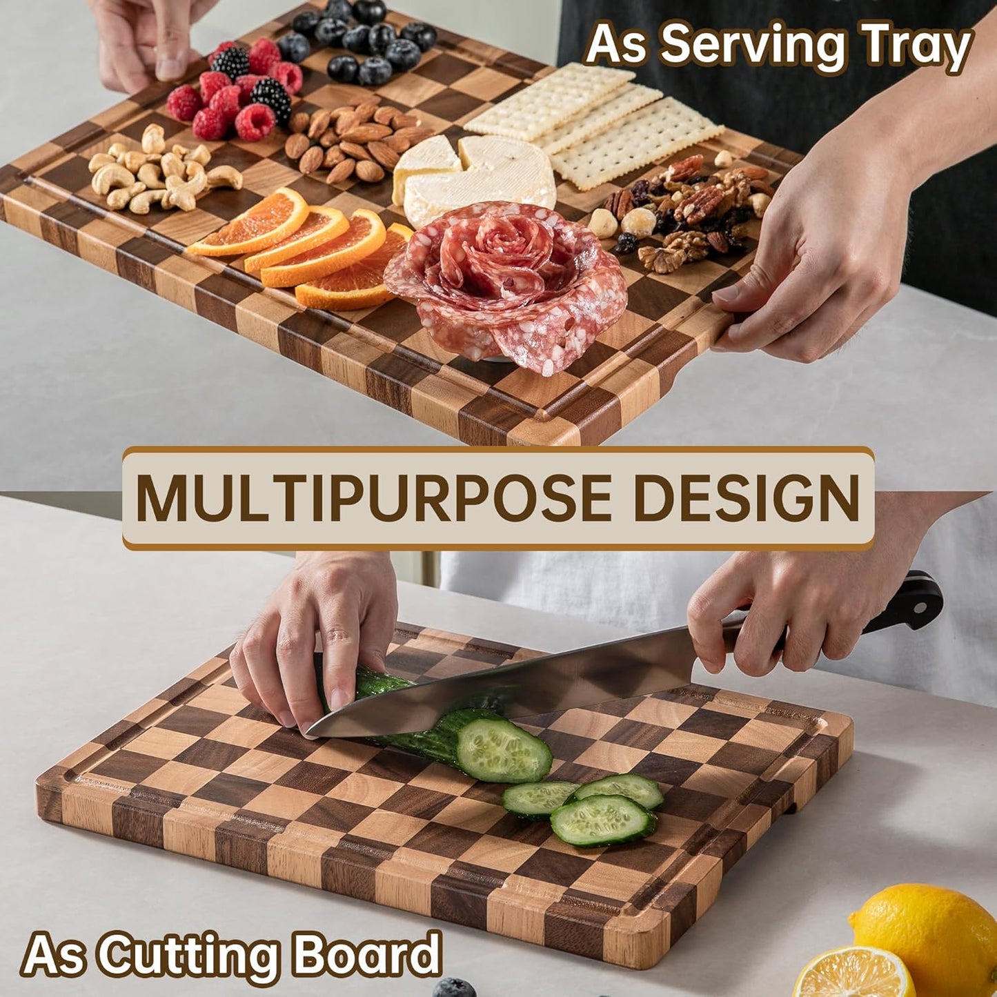 Walnut Wood Cutting Board, End Grain Wooden Cutting Boards for Kitchen, Chopping Block with Deep Juice Groove & Handles, Gift Box, 16.5"x11.6"x0.8"