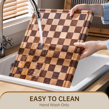 Walnut Wood Cutting Board, End Grain Wooden Cutting Boards for Kitchen, Chopping Block with Deep Juice Groove & Handles, Gift Box, 16.5"x11.6"x0.8"