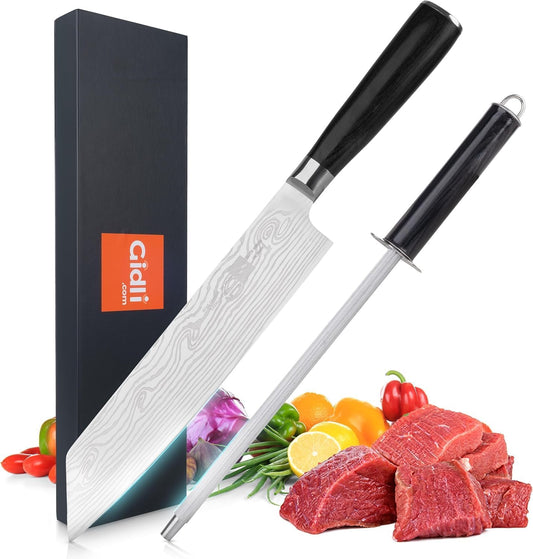 8 Inch Chef Knife Set with Diamond Sharpener - Sharp Kitchen Knife | German Carbon Stainless Steel Chef Knife for Precision Cutting - Ergonomic Wooden Handle for Comfortable Slicing & Chopping