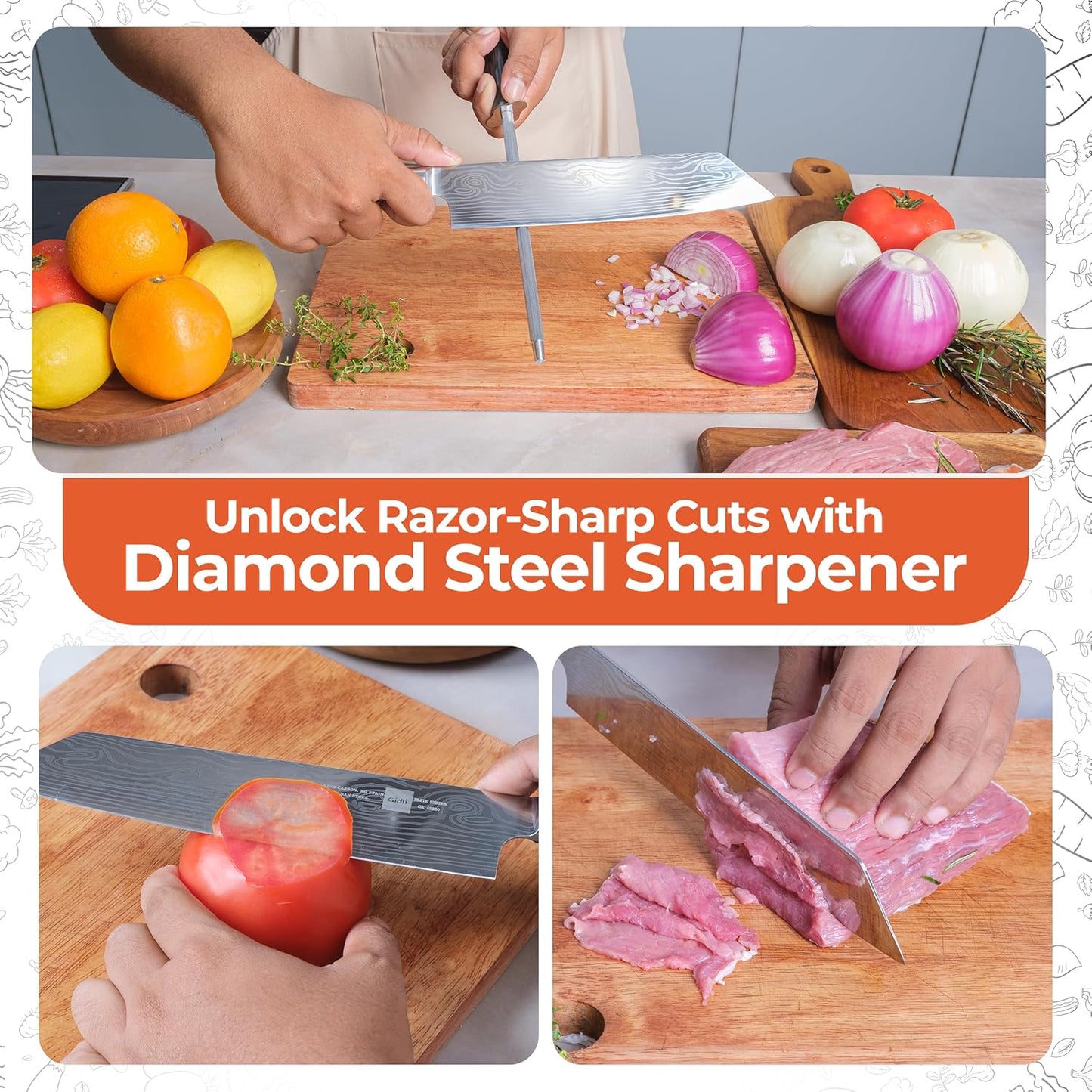 8 Inch Chef Knife Set with Diamond Sharpener - Sharp Kitchen Knife | German Carbon Stainless Steel Chef Knife for Precision Cutting - Ergonomic Wooden Handle for Comfortable Slicing & Chopping