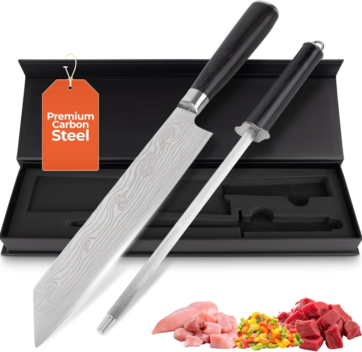 8 Inch Chef Knife Set with Diamond Sharpener - Sharp Kitchen Knife | German Carbon Stainless Steel Chef Knife for Precision Cutting - Ergonomic Wooden Handle for Comfortable Slicing & Chopping