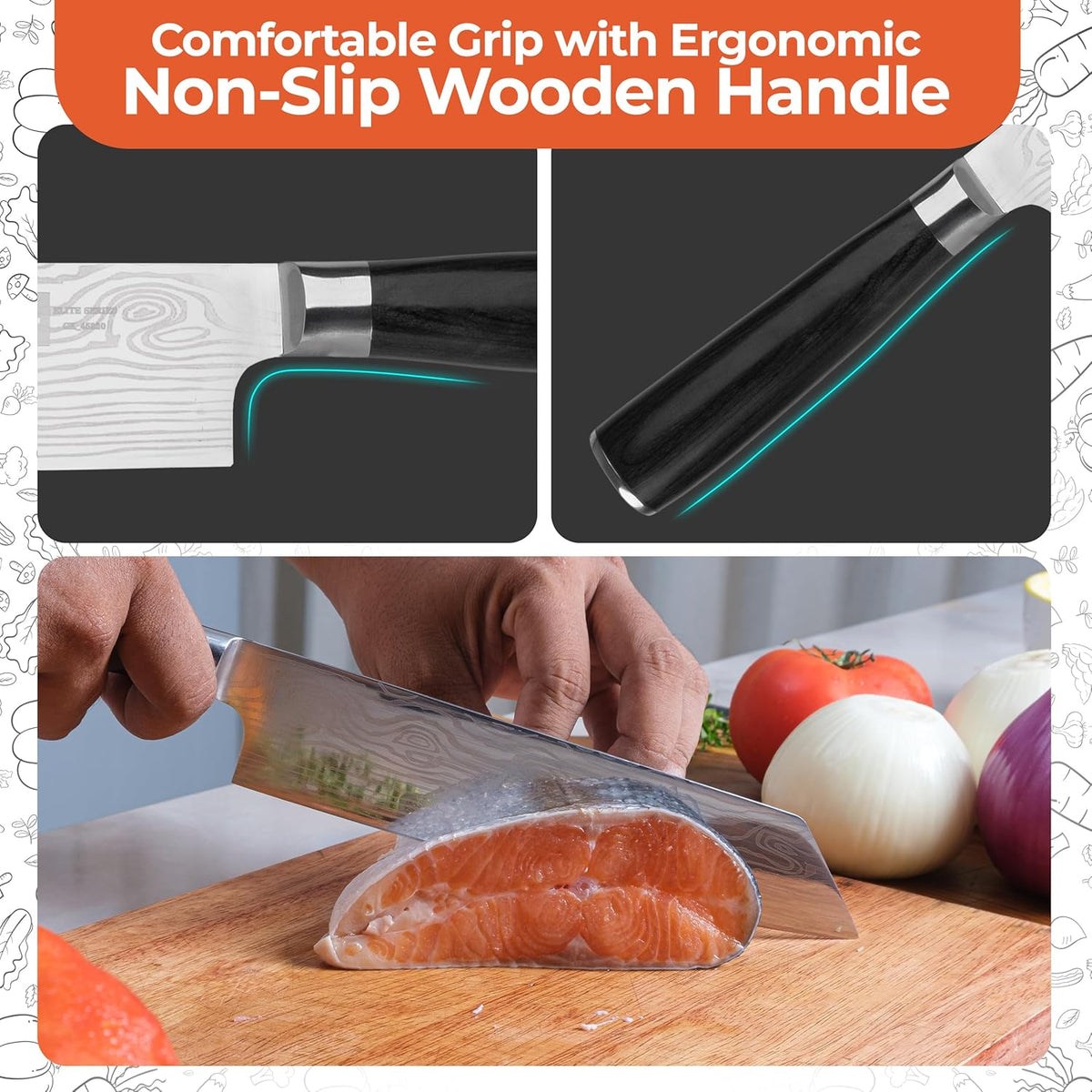 8 Inch Chef Knife Set with Diamond Sharpener - Sharp Kitchen Knife | German Carbon Stainless Steel Chef Knife for Precision Cutting - Ergonomic Wooden Handle for Comfortable Slicing & Chopping