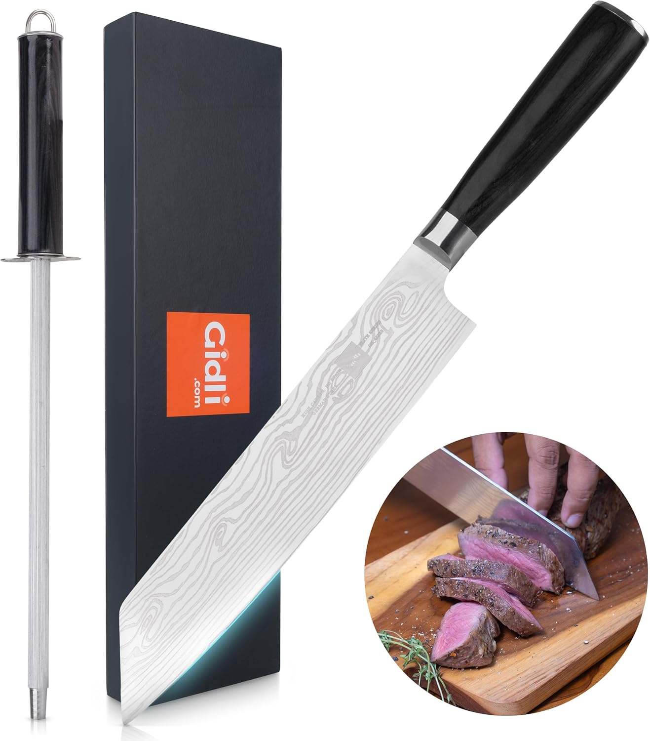 8 Inch Chef Knife Set with Diamond Sharpener - Sharp Kitchen Knife | German Carbon Stainless Steel Chef Knife for Precision Cutting - Ergonomic Wooden Handle for Comfortable Slicing & Chopping