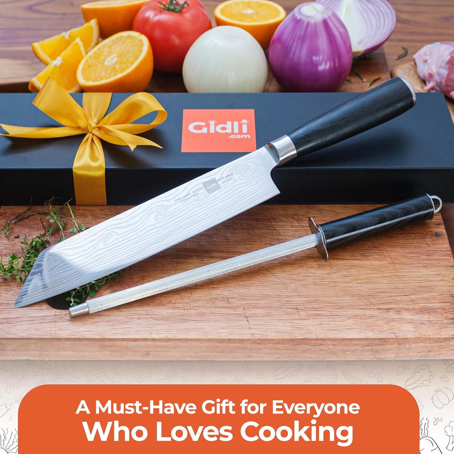 8 Inch Chef Knife Set with Diamond Sharpener - Sharp Kitchen Knife | German Carbon Stainless Steel Chef Knife for Precision Cutting - Ergonomic Wooden Handle for Comfortable Slicing & Chopping