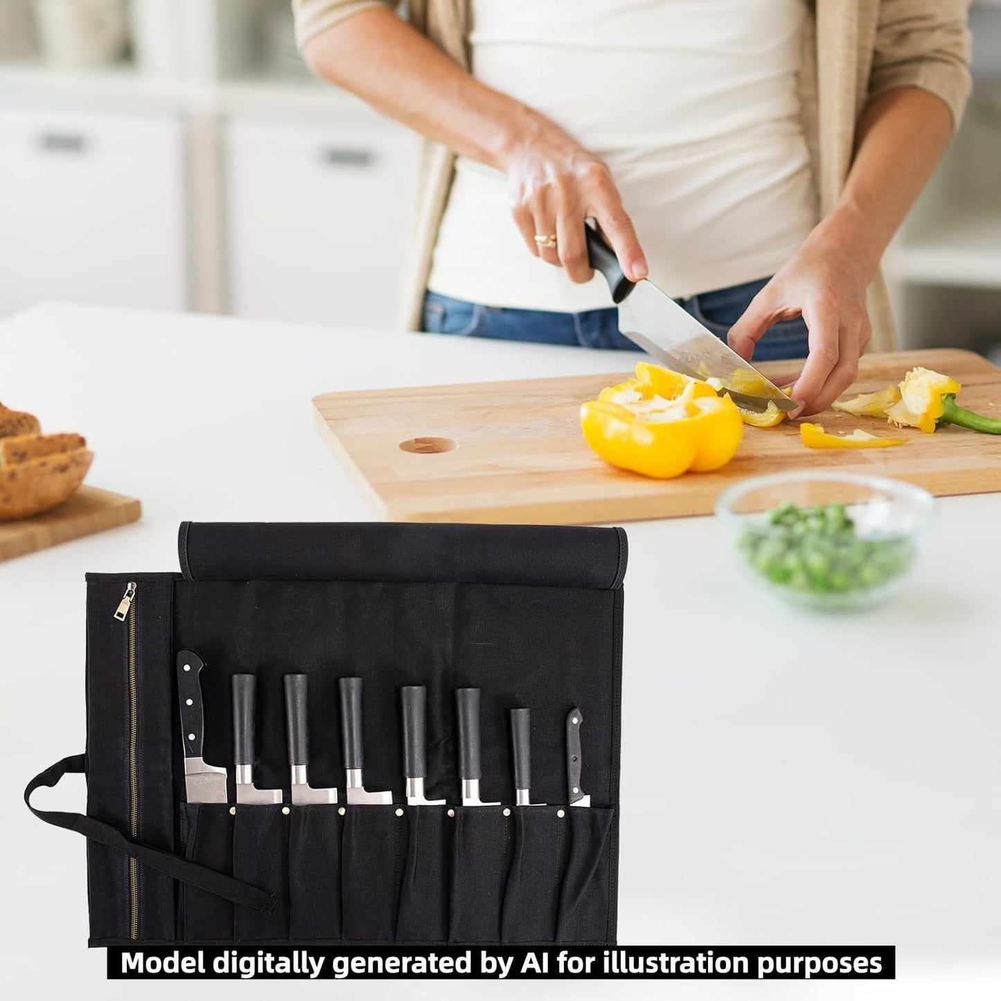Chef Knife Roll Bag, Waxed Canvas knife bags for chefs professional, Portable 8 Slots Chef Knife Case With 1 Zipper Pockets & 8 Plastic Knife Guards Can Camping and Hold Home Kitchen Knife Tools