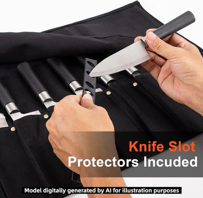 Chef Knife Roll Bag, Waxed Canvas knife bags for chefs professional, Portable 8 Slots Chef Knife Case With 1 Zipper Pockets & 8 Plastic Knife Guards Can Camping and Hold Home Kitchen Knife Tools