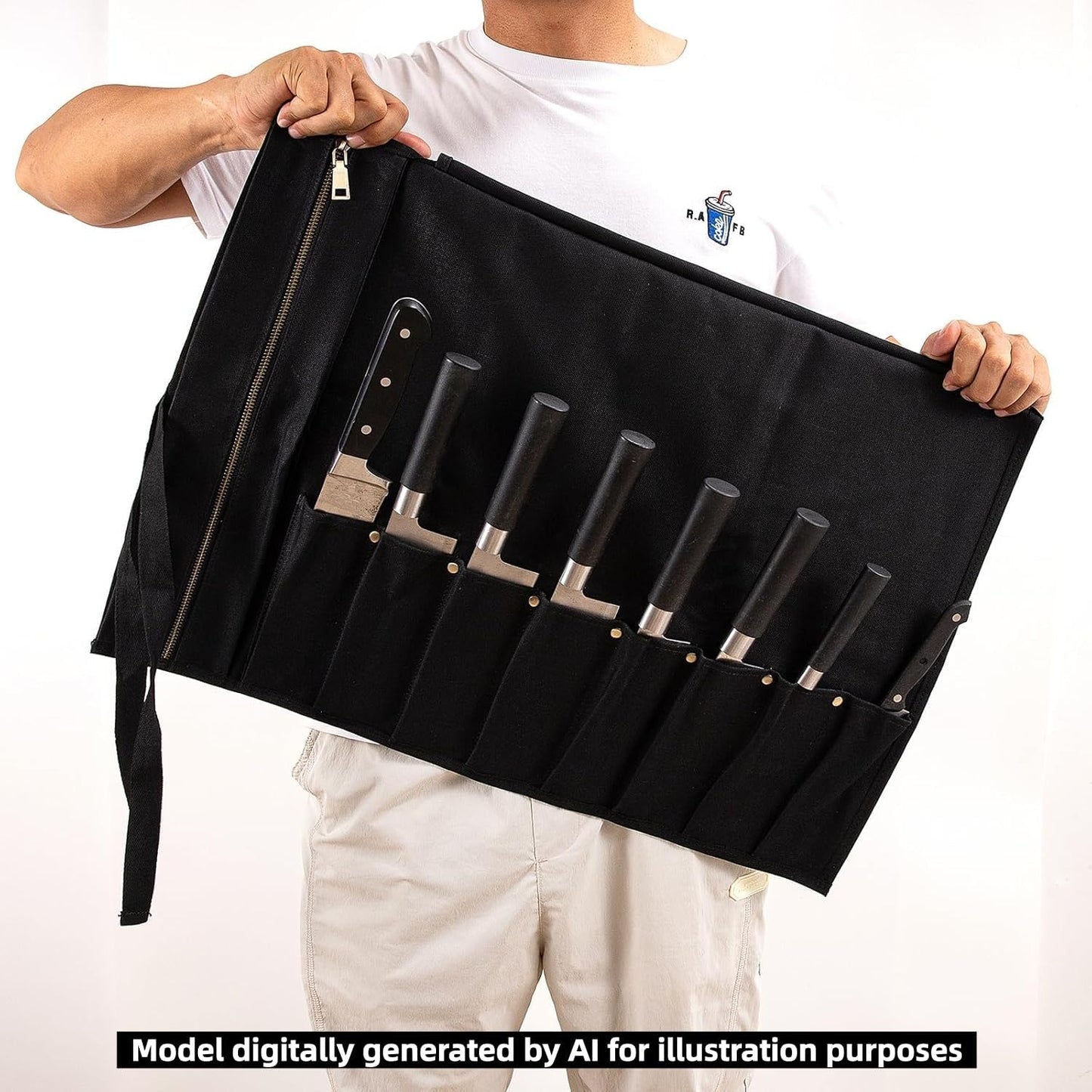 Chef Knife Roll Bag, Waxed Canvas knife bags for chefs professional, Portable 8 Slots Chef Knife Case With 1 Zipper Pockets & 8 Plastic Knife Guards Can Camping and Hold Home Kitchen Knife Tools