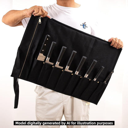 Chef Knife Roll Bag, Waxed Canvas knife bags for chefs professional, Portable 8 Slots Chef Knife Case With 1 Zipper Pockets & 8 Plastic Knife Guards Can Camping and Hold Home Kitchen Knife Tools