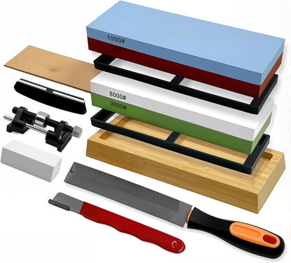 10PCS Knife Sharpening Stone Set,Dual-Sided (400/1000 & 3000/8000 Grit) with Red Sharpener, Metal File, Flattening Stone, Bamboo Base,Angle Guide,Honing Guide,Silicone Base,Leather Strop