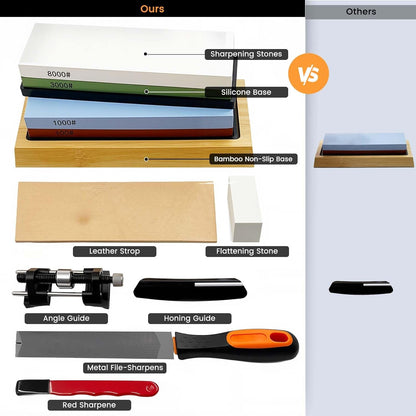 10PCS Knife Sharpening Stone Set,Dual-Sided (400/1000 & 3000/8000 Grit) with Red Sharpener, Metal File, Flattening Stone, Bamboo Base,Angle Guide,Honing Guide,Silicone Base,Leather Strop