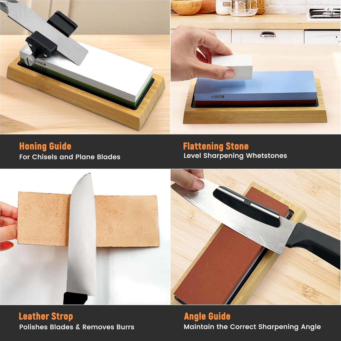 10PCS Knife Sharpening Stone Set,Dual-Sided (400/1000 & 3000/8000 Grit) with Red Sharpener, Metal File, Flattening Stone, Bamboo Base,Angle Guide,Honing Guide,Silicone Base,Leather Strop