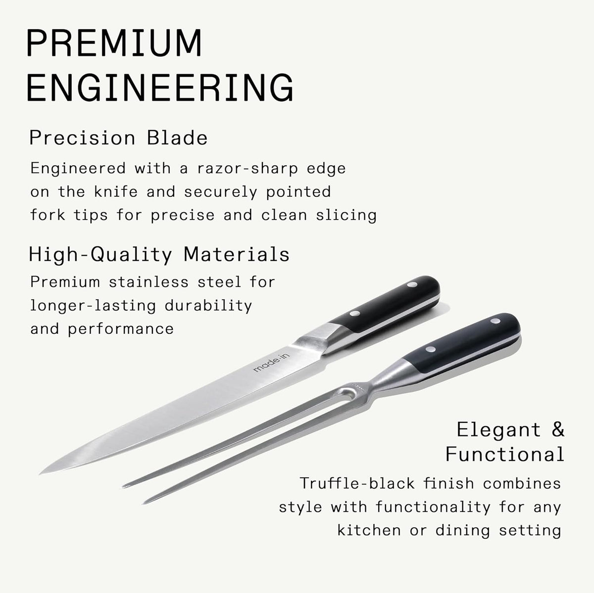 Cookware - Carving Set (Includes Carving Knife and Fork) - Crafted in France - Full Tang with Black POM Handle