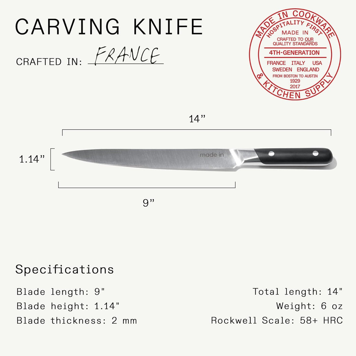 Cookware - Carving Set (Includes Carving Knife and Fork) - Crafted in France - Full Tang with Black POM Handle
