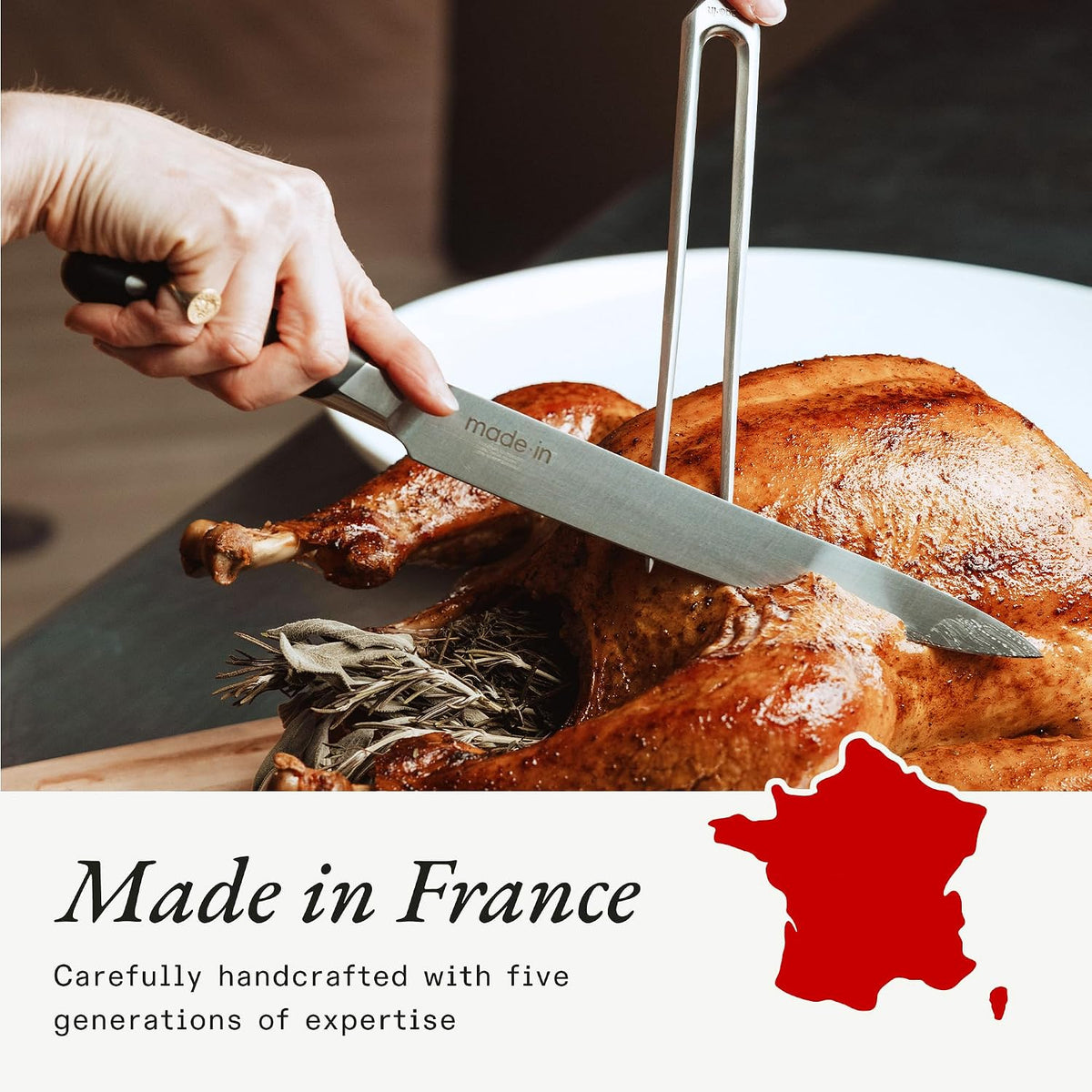 Cookware - Carving Set (Includes Carving Knife and Fork) - Crafted in France - Full Tang with Black POM Handle