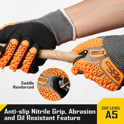 A5 Cut Resistant Gloves with Impact Resistant TPR, Touchscreen Nitrile Dipped Safety Work Gloves with Grip, 1/3 Pair
