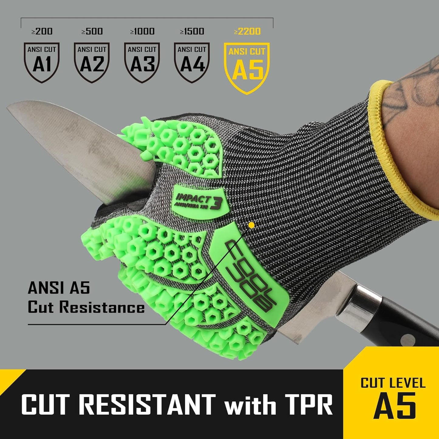 A5 Cut Resistant Gloves with Impact Resistant TPR, Touchscreen Nitrile Dipped Safety Work Gloves with Grip, 1/3 Pair