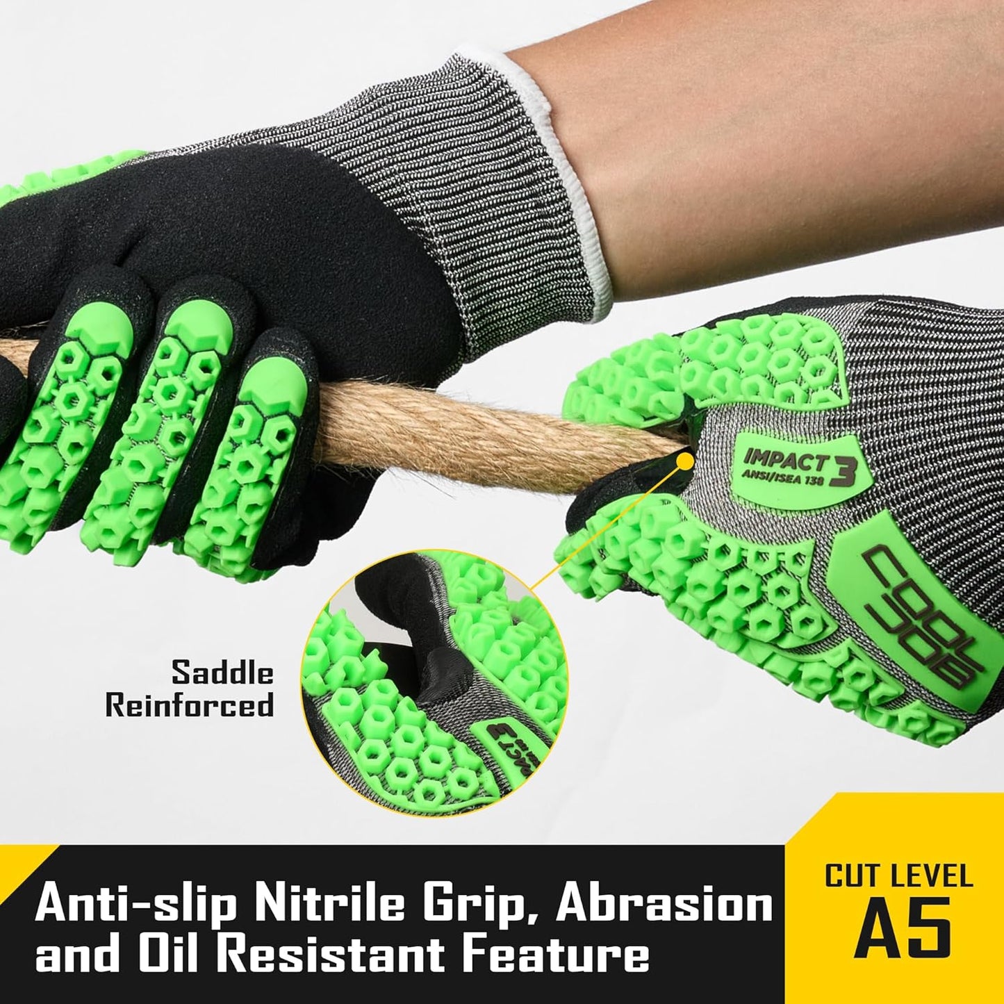 A5 Cut Resistant Gloves with Impact Resistant TPR, Touchscreen Nitrile Dipped Safety Work Gloves with Grip, 1/3 Pair