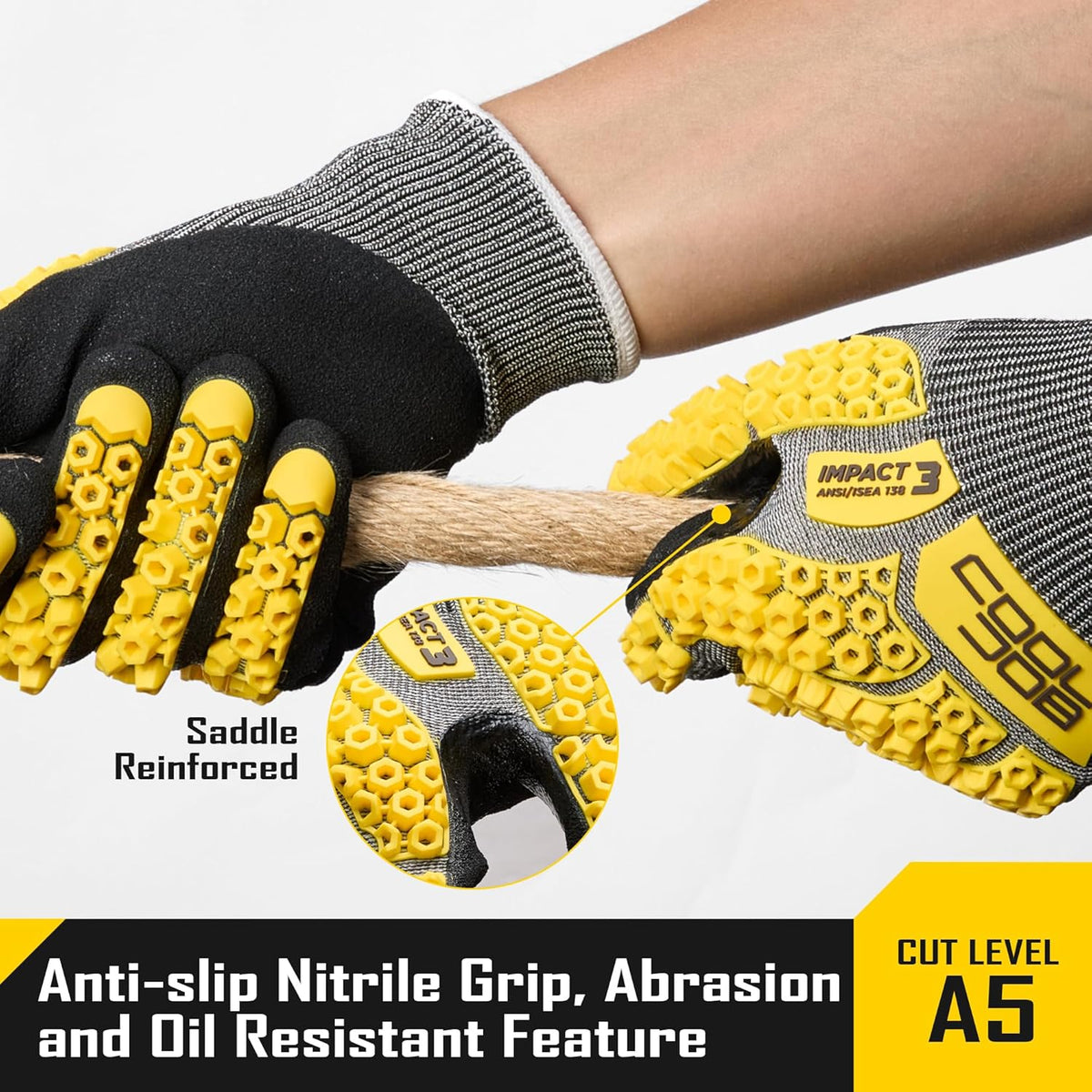 A5 Cut Resistant Gloves with Impact Resistant TPR, Touchscreen Nitrile Dipped Safety Work Gloves with Grip, 1/3 Pair