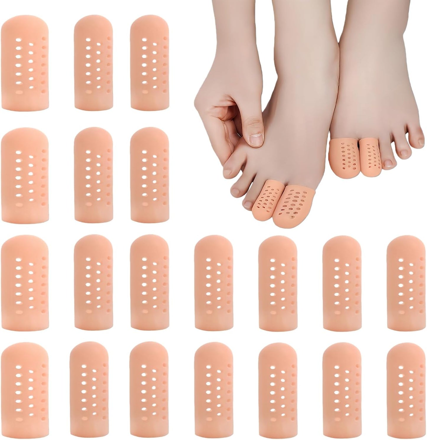 Gel Finger Cots 20 Pcs with Air Holes, Silicone Finger Protectors & Thumb Guards for Wounds, Cracking, Arthritis & Trigger Finger Pain Relief, Reusable Finger Covers & Sleeves in Nude