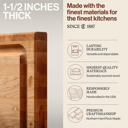 CB Series Rectangular Wooden Maple Cutting Board 24”x18” – 1.5” Thick, 18-lb Reversible Butcher Block with Juice Groove, Edge-Grain & Finger Grips – Made in the USA