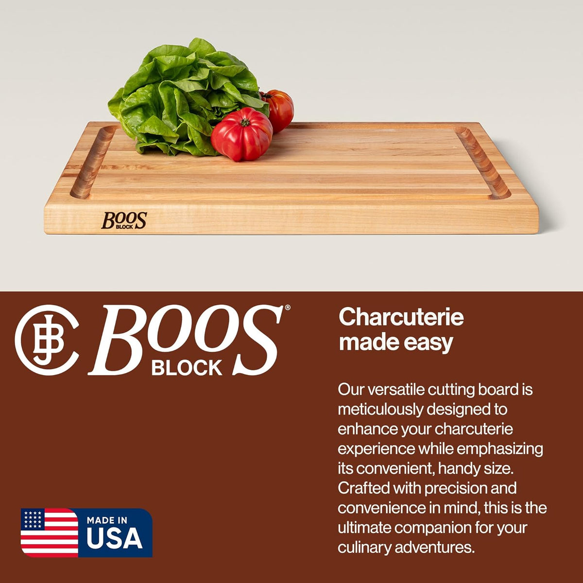 CB Series Rectangular Wooden Maple Cutting Board 24”x18” – 1.5” Thick, 18-lb Reversible Butcher Block with Juice Groove, Edge-Grain & Finger Grips – Made in the USA