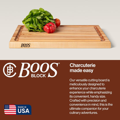 CB Series Rectangular Wooden Maple Cutting Board 24”x18” – 1.5” Thick, 18-lb Reversible Butcher Block with Juice Groove, Edge-Grain & Finger Grips – Made in the USA