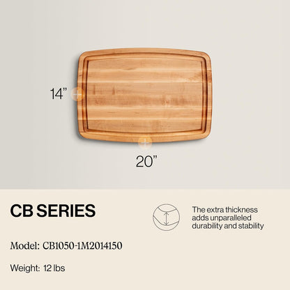 CB Series Rectangular Wooden Maple Cutting Board 24”x18” – 1.5” Thick, 18-lb Reversible Butcher Block with Juice Groove, Edge-Grain & Finger Grips – Made in the USA