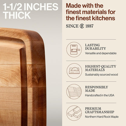 CB Series Rectangular Wooden Maple Cutting Board 24”x18” – 1.5” Thick, 18-lb Reversible Butcher Block with Juice Groove, Edge-Grain & Finger Grips – Made in the USA