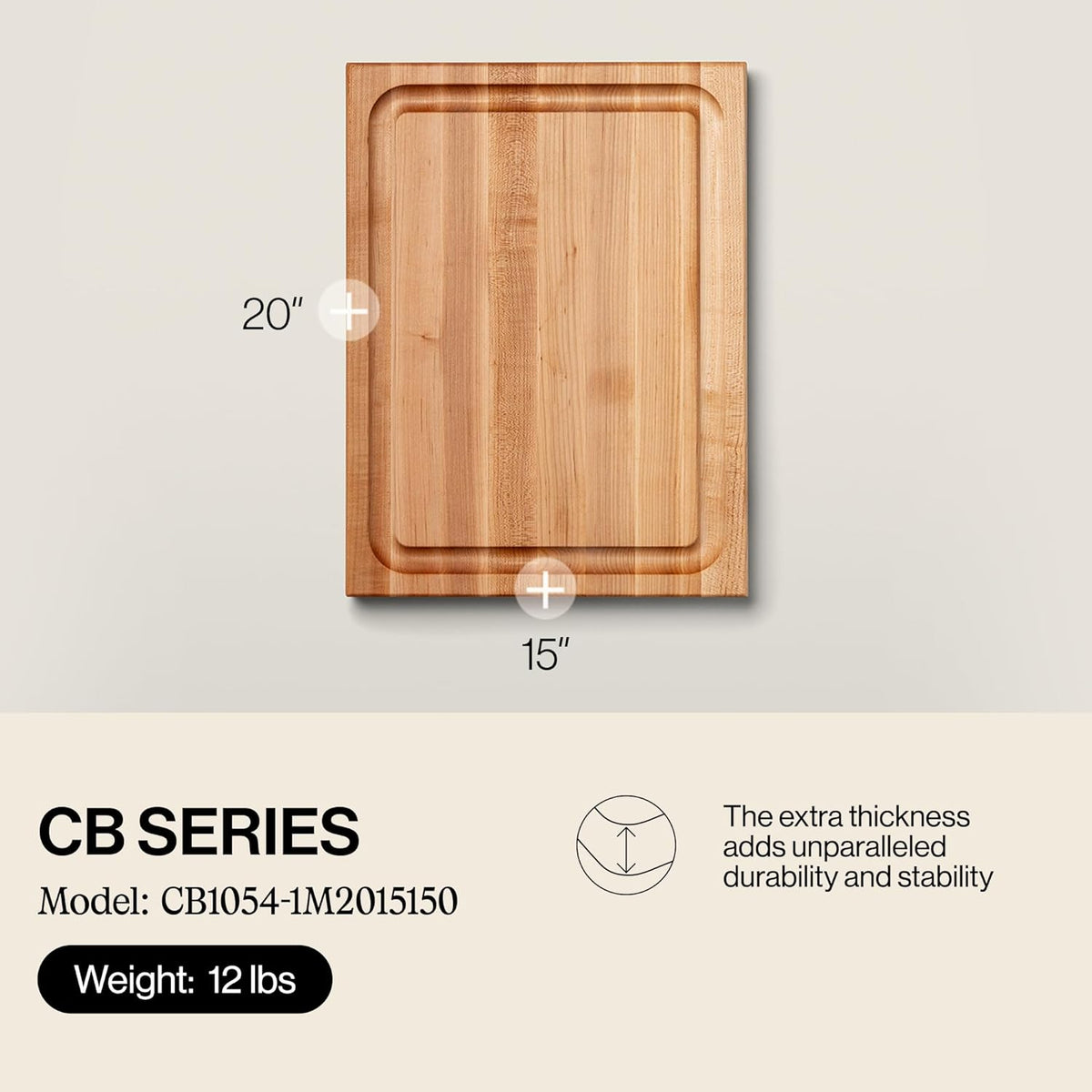 CB Series Rectangular Wooden Maple Cutting Board 24”x18” – 1.5” Thick, 18-lb Reversible Butcher Block with Juice Groove, Edge-Grain & Finger Grips – Made in the USA