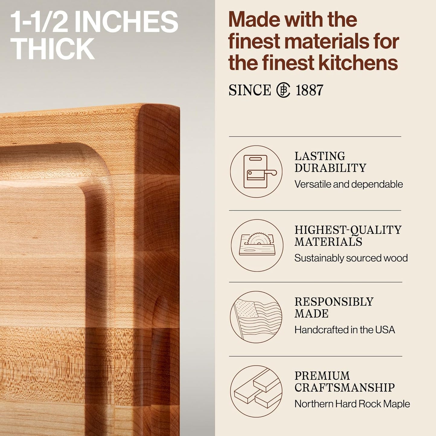 CB Series Rectangular Wooden Maple Cutting Board 24”x18” – 1.5” Thick, 18-lb Reversible Butcher Block with Juice Groove, Edge-Grain & Finger Grips – Made in the USA