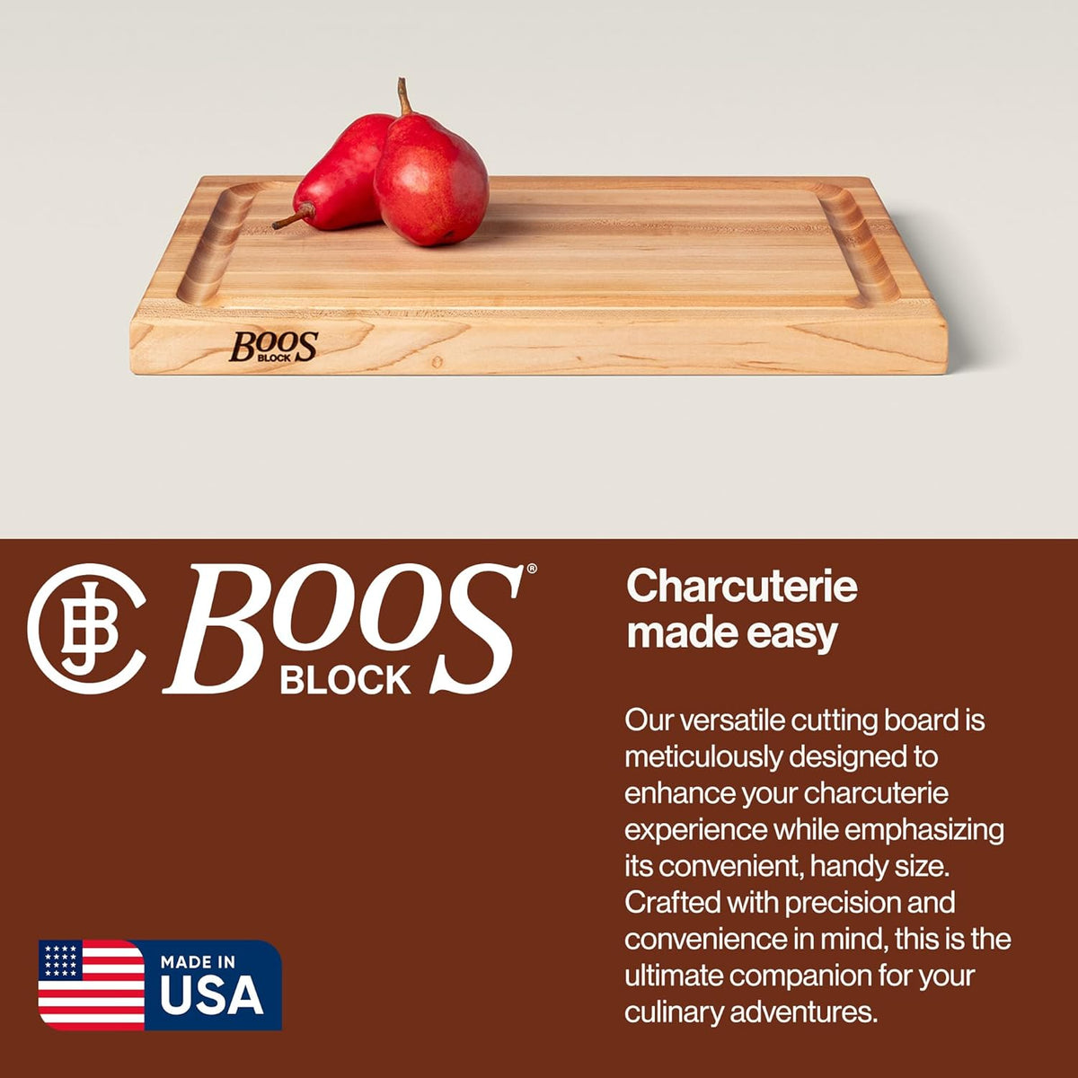 CB Series Rectangular Wooden Maple Cutting Board 24”x18” – 1.5” Thick, 18-lb Reversible Butcher Block with Juice Groove, Edge-Grain & Finger Grips – Made in the USA