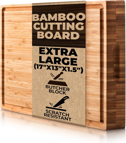 PREMIUM ACACIA Cutting Board & Professional Heavy Duty Butcher Block w/Juice Groove - Extra Large (17"x13"x1.4") Organic, End Grain Chopping Block. Ideal Serving Tray for Meat & Cheese