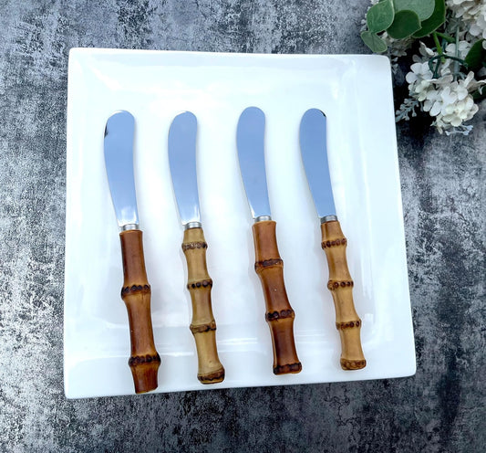 4 Pieces Set Butter knife, Pate Knife Cheese Spreader, Thick and Smooth blades, Strong Heavy for butter spreaders Home Restaurant Party breakfast (bamboo handle)
